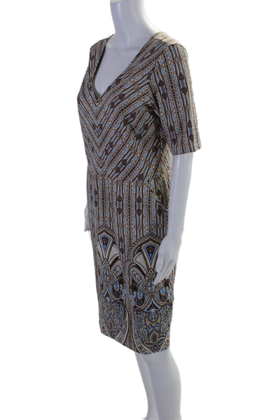 J. Mclaughlin Womens Back Zip Short Sleeve Abstract Dress Brown Blue Size Large