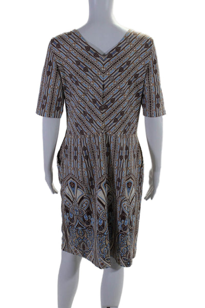 J. Mclaughlin Womens Back Zip Short Sleeve Abstract Dress Brown Blue Size Large