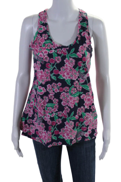 Lilly Pulitzer Womens Scoop Neck Cherry Floral Tank Top Navy Pink Size Large