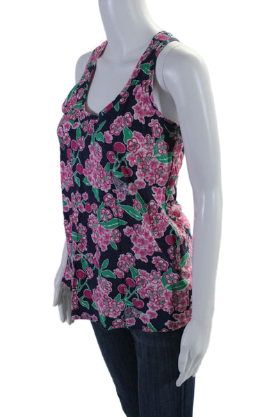 Lilly Pulitzer Womens Scoop Neck Cherry Floral Tank Top Navy Pink Size Large