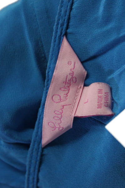 Lilly Pulitzer Womens Short Sleeve Scoop Neck Silk Pocket Tee Shirt Blue Large