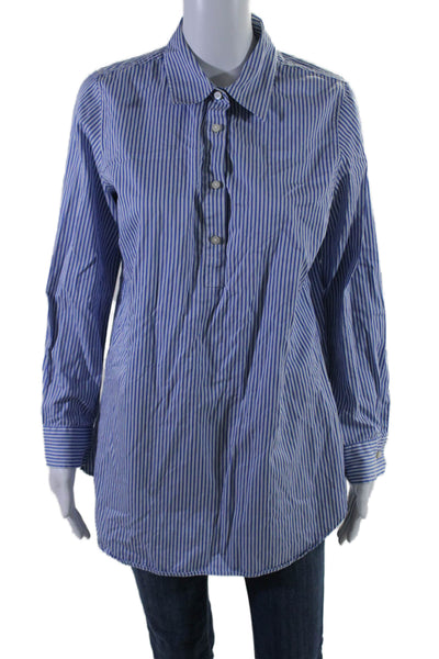 J. Mclaughlin Womens Long Sleeve Collared Striped Shirt White Blue Size Large