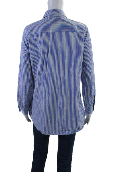 J. Mclaughlin Womens Long Sleeve Collared Striped Shirt White Blue Size Large