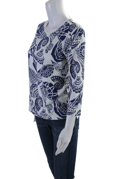 J. Mclaughlin Womens Sea Shell Print Long Sleeves Shirt White Navy Blue Size Sma