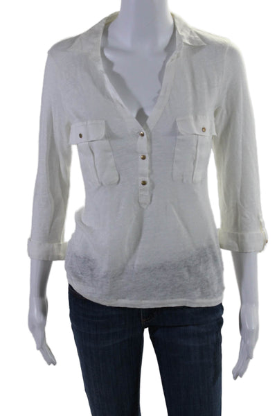 Massimo Dutti Womens Linen Half Button Down Long Sleeves Shirt White Size Medium