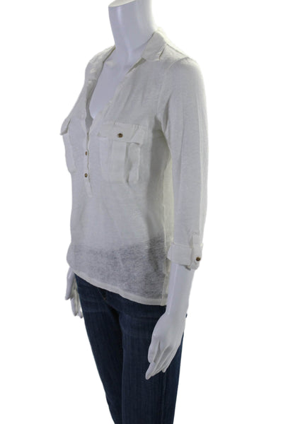 Massimo Dutti Womens Linen Half Button Down Long Sleeves Shirt White Size Medium