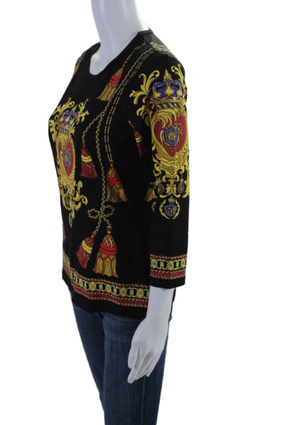 J. Mclaughlin Womens Tassle Print Long Sleeves Blouse Black Gold Size Medium