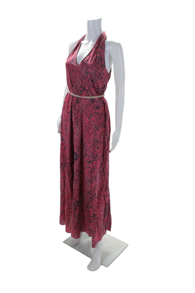 Gryphon New York Womens Zip Up Belted Abstract Silk Maxi Dress Pink Gray Medium