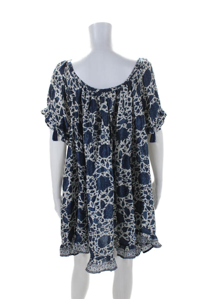 Natalie Martin Womens Short Sleeve Scoop Neck Silk Mini Dress Blue White Medium