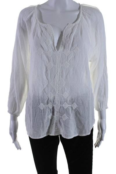 Sundry Womens Cotton Textured Long Sleeve V-neck Sheer Blouse White Size L