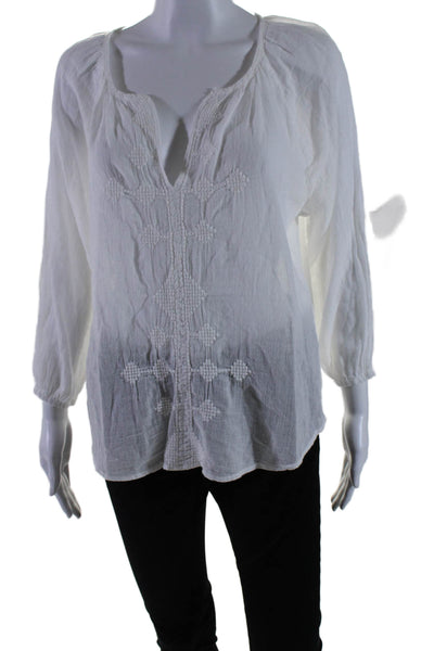 Sundry Womens Cotton Textured Long Sleeve V-neck Sheer Blouse White Size L