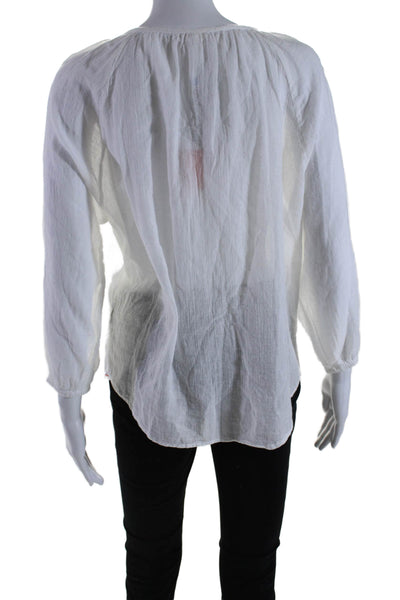 Sundry Womens Cotton Textured Long Sleeve V-neck Sheer Blouse White Size L