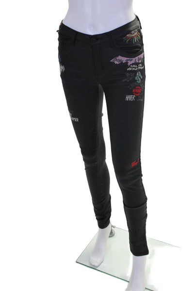 Venti 6 Womens Black Multi Embroidered Mid-Rise Skinny Ankle Pants Size M