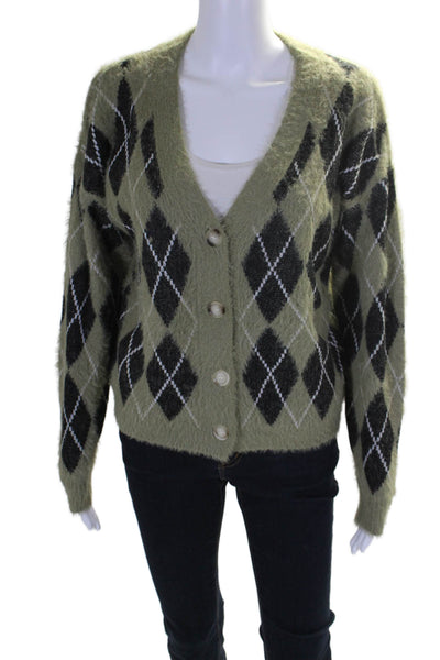 Elan Womens Geometric Soft Textured Button Up Sweater Cardigan Green Size S