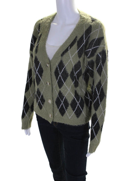 Elan Womens Geometric Soft Textured Button Up Sweater Cardigan Green Size S