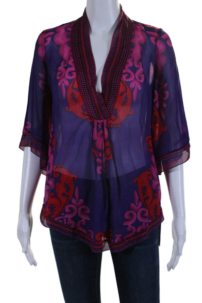 Hale Bob Womens Silk Abstract Print V Neck Blouse Purple Pink Size Extra Small