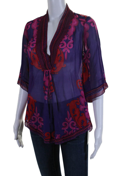 Hale Bob Womens Silk Abstract Print V Neck Blouse Purple Pink Size Extra Small