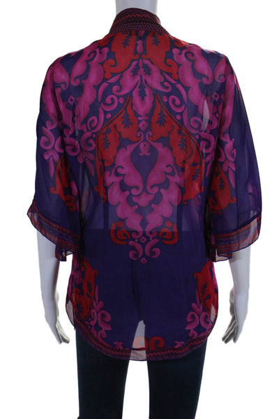 Hale Bob Womens Silk Abstract Print V Neck Blouse Purple Pink Size Extra Small