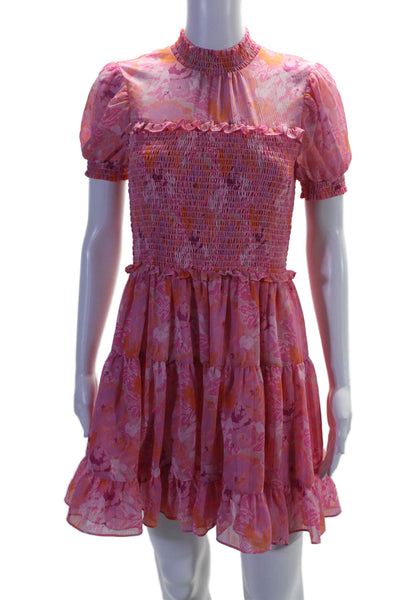 Likely Womesn Short Sleeve Smocked Floral Ruffle A Line Dress Pink Size 4