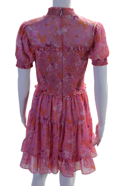 Likely Womesn Short Sleeve Smocked Floral Ruffle A Line Dress Pink Size 4