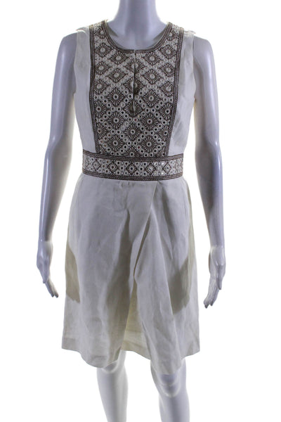 Tory Burch Women's Round Neck Sleeveless Embroidered Mini Dress Beige Size 4