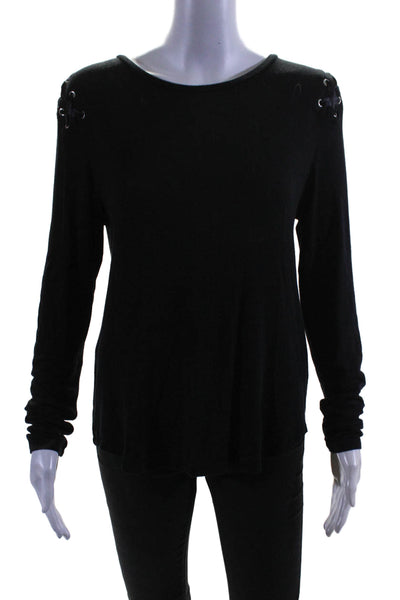 Generation Love Womens Stretch Lace Up Round Neck Long Sleeve Top Black Size XS