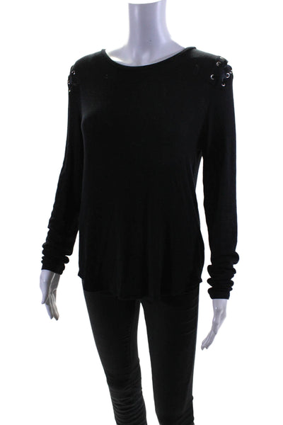 Generation Love Womens Stretch Lace Up Round Neck Long Sleeve Top Black Size XS