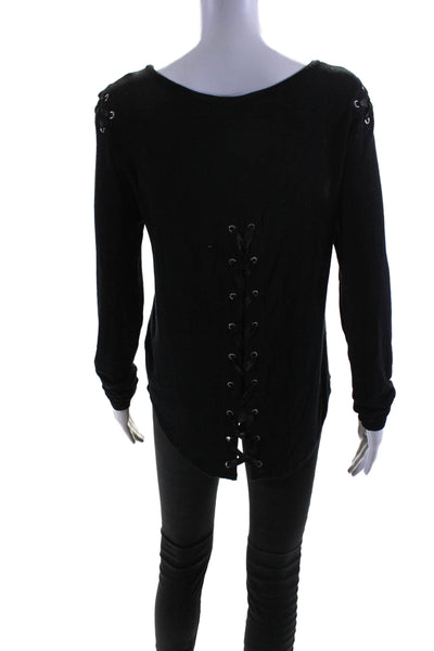 Generation Love Womens Stretch Lace Up Round Neck Long Sleeve Top Black Size XS
