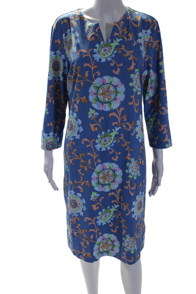 J. Mclaughlin Womens 3/4 Sleeve V Neck Floral Knit Dress Blue Peach Size Large