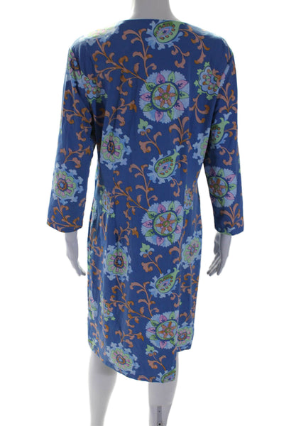 J. Mclaughlin Womens 3/4 Sleeve V Neck Floral Knit Dress Blue Peach Size Large