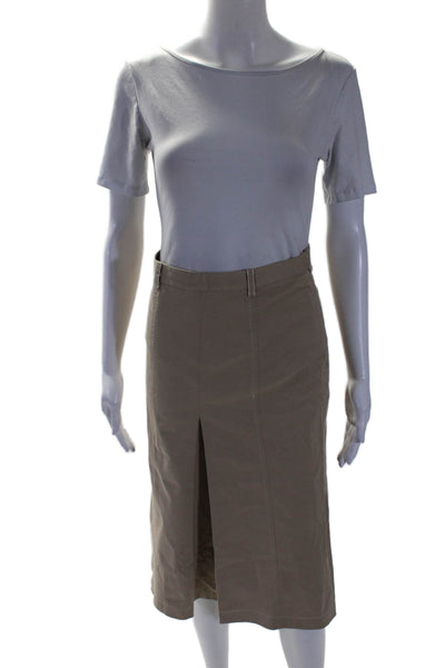 Prada Womens Cotton Khaki Side Zip Pleated Midi A-line Skirt Size 38