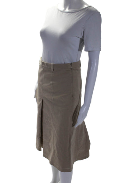 Prada Womens Cotton Khaki Side Zip Pleated Midi A-line Skirt Size 38