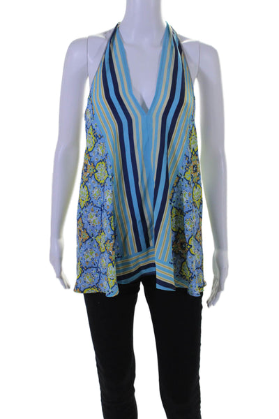 Clover Canyon Womens Halter Neck Floral Striped Sleeveless Blouse Blue Size XS