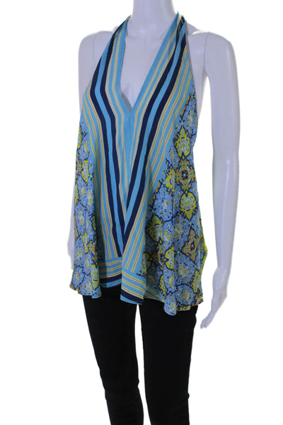 Clover Canyon Womens Halter Neck Floral Striped Sleeveless Blouse Blue Size XS