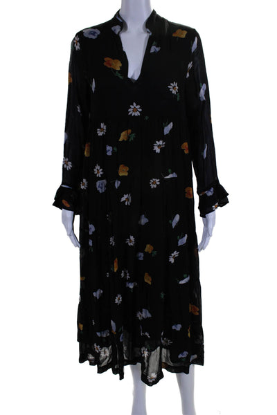 Ganni Womens Long Sleeve V Neck Floral Midi Shift Dress Black Multi Size FR 34