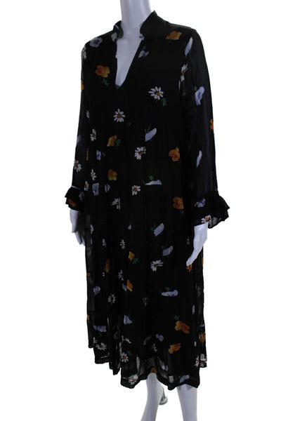 Ganni Womens Long Sleeve V Neck Floral Midi Shift Dress Black Multi Size FR 34