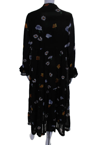 Ganni Womens Long Sleeve V Neck Floral Midi Shift Dress Black Multi Size FR 34