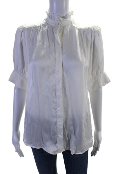 Selkie Women's Ruffle Round Neck Short Sleeves Button Down Blouse White Size XS