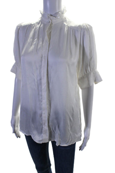 Selkie Women's Ruffle Round Neck Short Sleeves Button Down Blouse White Size XS