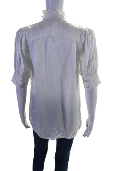 Selkie Women's Ruffle Round Neck Short Sleeves Button Down Blouse White Size XS