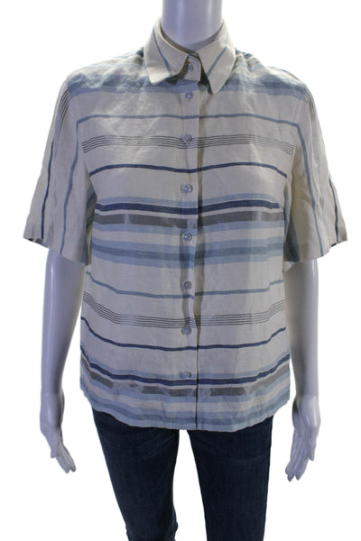 Brooks Brothers Womens Linen Short Sleeve Striped Button Down Shirt Blue Size 4