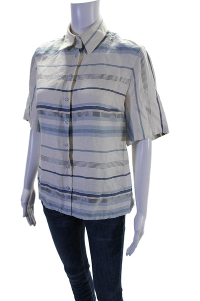 Brooks Brothers Womens Linen Short Sleeve Striped Button Down Shirt Blue Size 4