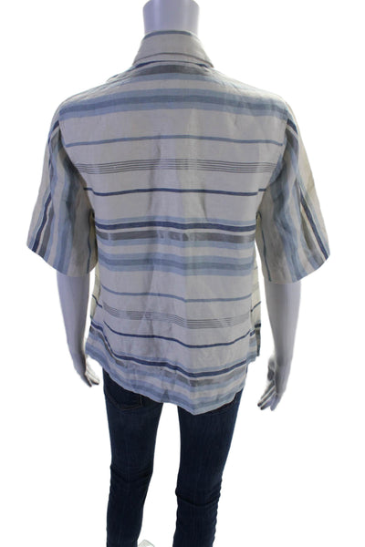 Brooks Brothers Womens Linen Short Sleeve Striped Button Down Shirt Blue Size 4