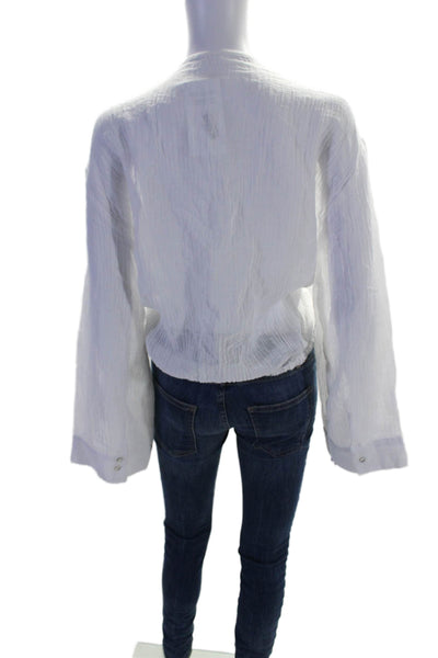 Monday Beachwear Linen Open Front Lined Textured Long Sleeve Sheer Top White Siz