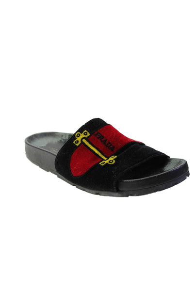 Prada Womens Logo Strap Printed Velvet Slide Sandals Black Red Size 35