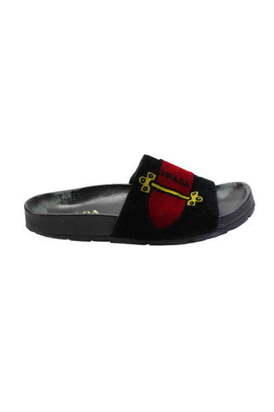 Prada Womens Logo Strap Printed Velvet Slide Sandals Black Red Size 35