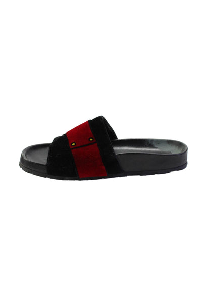 Prada Womens Logo Strap Printed Velvet Slide Sandals Black Red Size 35