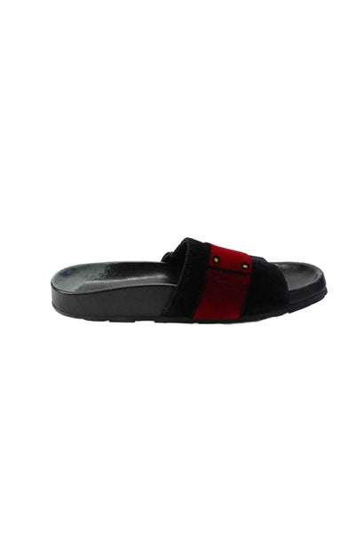 Prada Womens Logo Strap Printed Velvet Slide Sandals Black Red Size 35