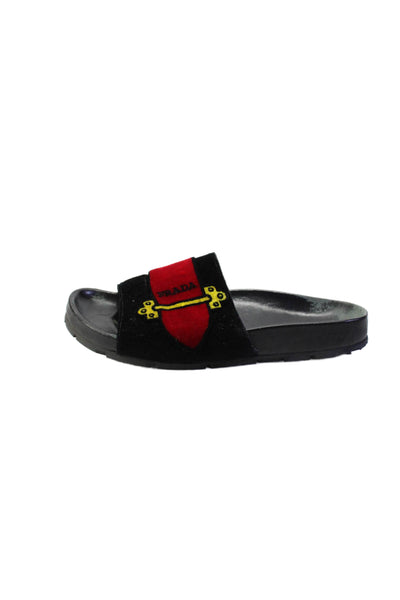 Prada Womens Logo Strap Printed Velvet Slide Sandals Black Red Size 35