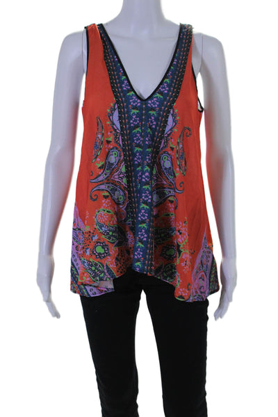 Clover Canyon Womens V Neck Paisley Print Sleeveless Blouse Orange Size S